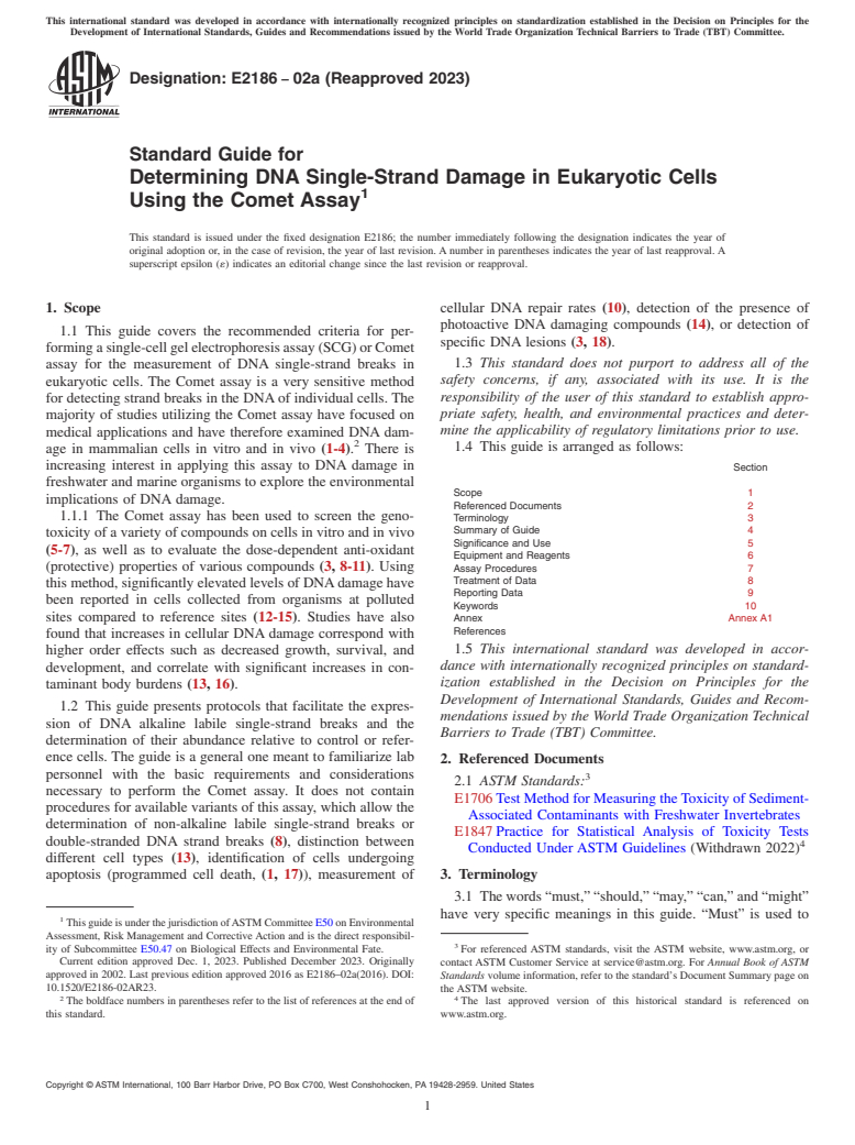 ASTM E2186-02a(2023) - Standard Guide for Determining DNA Single-Strand Damage in Eukaryotic Cells Using  the Comet Assay