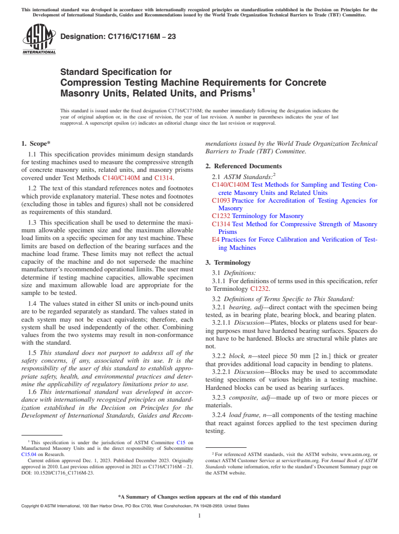 ASTM C1716/C1716M-23 - Standard Specification for Compression Testing Machine Requirements for Concrete Masonry   Units, Related Units, and Prisms