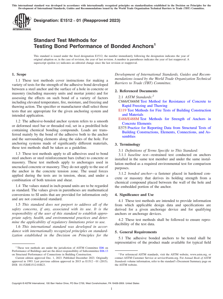 ASTM E1512-01(2023) - Standard Test Methods for Testing Bond Performance of Bonded Anchors