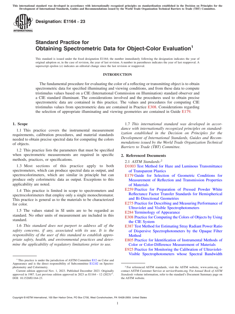 ASTM E1164-23 - Standard Practice for Obtaining Spectrometric Data for Object-Color Evaluation