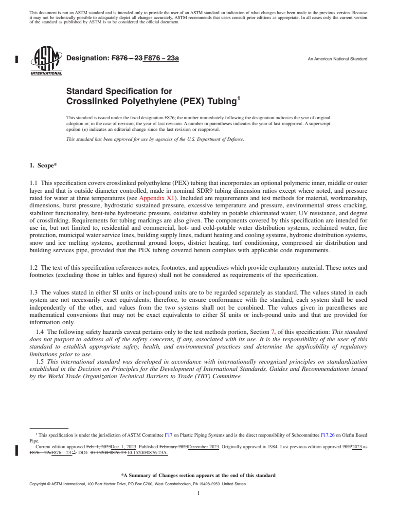 REDLINE ASTM F876-23a - Standard Specification for  Crosslinked Polyethylene (PEX) Tubing