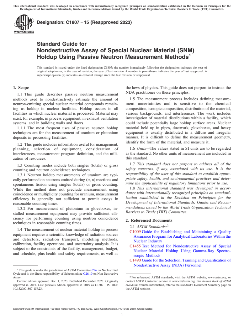 ASTM C1807-15(2023) - Standard Guide for Nondestructive Assay of Special Nuclear Material (SNM) Holdup  Using Passive Neutron Measurement Methods