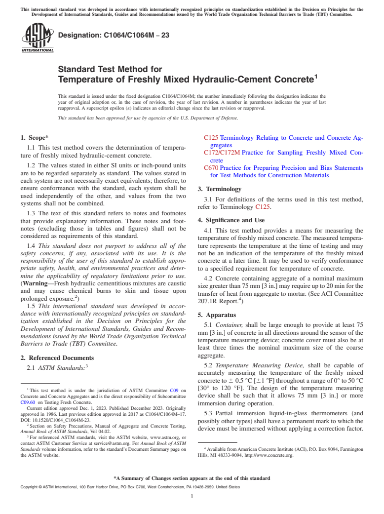 ASTM C1064/C1064M-23 - Standard Test Method for  Temperature of Freshly Mixed Hydraulic-Cement Concrete