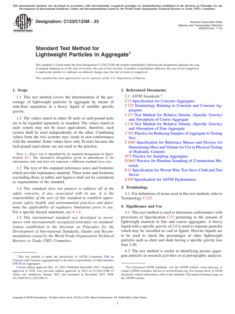 ASTM C123/C123M-23 - Standard Test Method for  Lightweight Particles in Aggregate