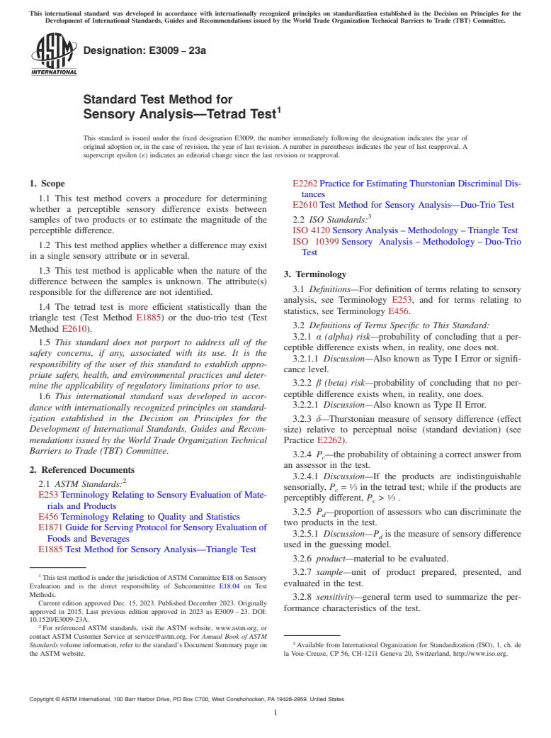 ASTM E3009-23a - Standard Test Method for Sensory Analysis—Tetrad Test