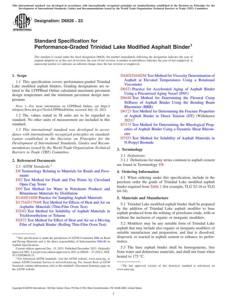 ASTM D6626-23 - Standard Specification for Performance-Graded Trinidad Lake Modified Asphalt Binder