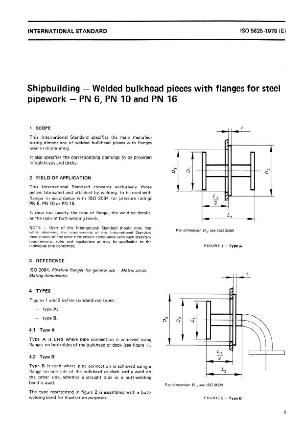 ISO 5625:1978 - Shipbuilding -- Welded bulkhead pieces with flanges for steel pipework -- PN 6, PN 10 and PN 16