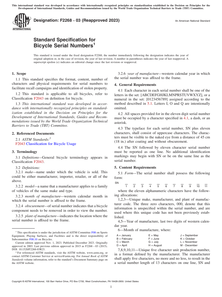 ASTM F2268-03(2023) - Standard Specification for  Bicycle Serial Numbers