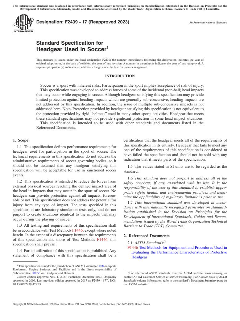 ASTM F2439-17(2023) - Standard Specification for Headgear Used in Soccer