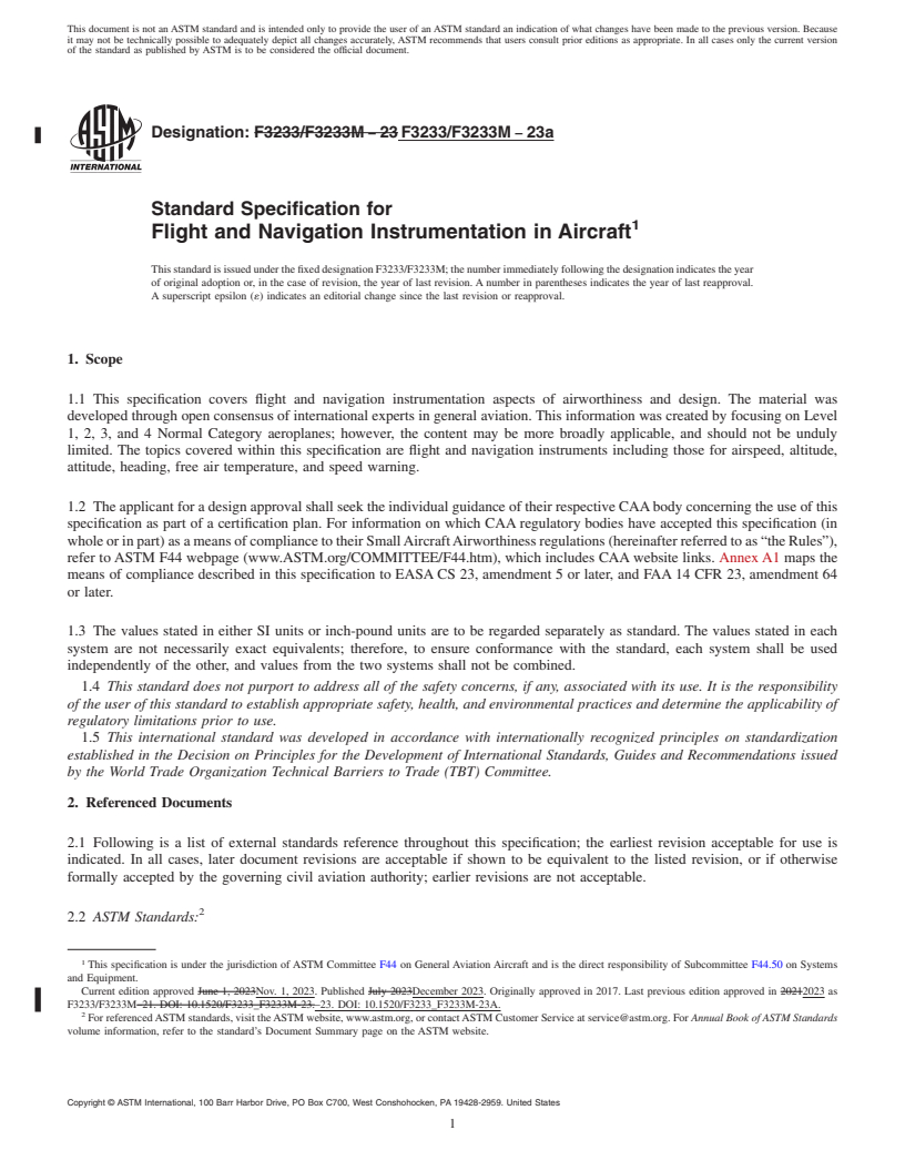 REDLINE ASTM F3233/F3233M-23a - Standard Specification for Flight and Navigation Instrumentation in Aircraft