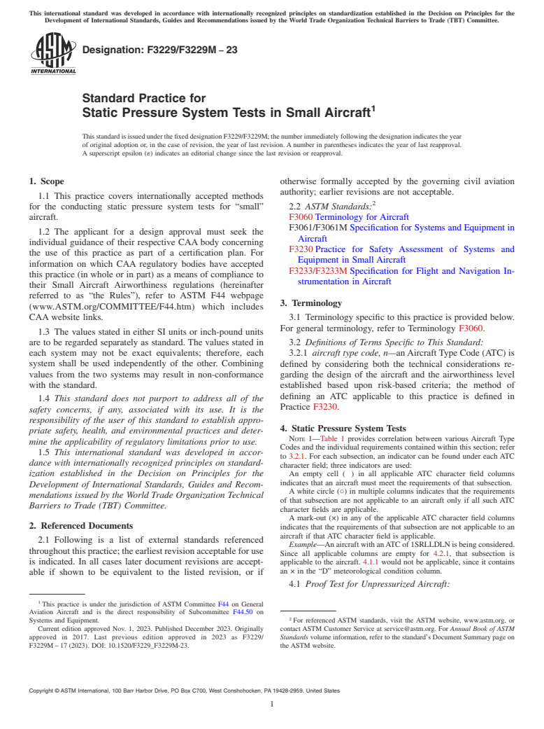 ASTM F3229/F3229M-23 - Standard Practice for Static Pressure System Tests in Small Aircraft