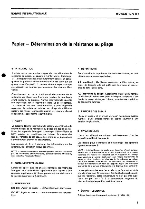 ISO 5626:1978 - Papier -- Détermination de la résistance au pliage