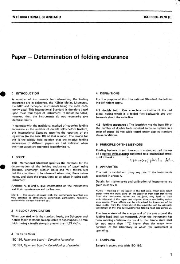 ISO 5626:1978 - Paper -- Determination of folding endurance