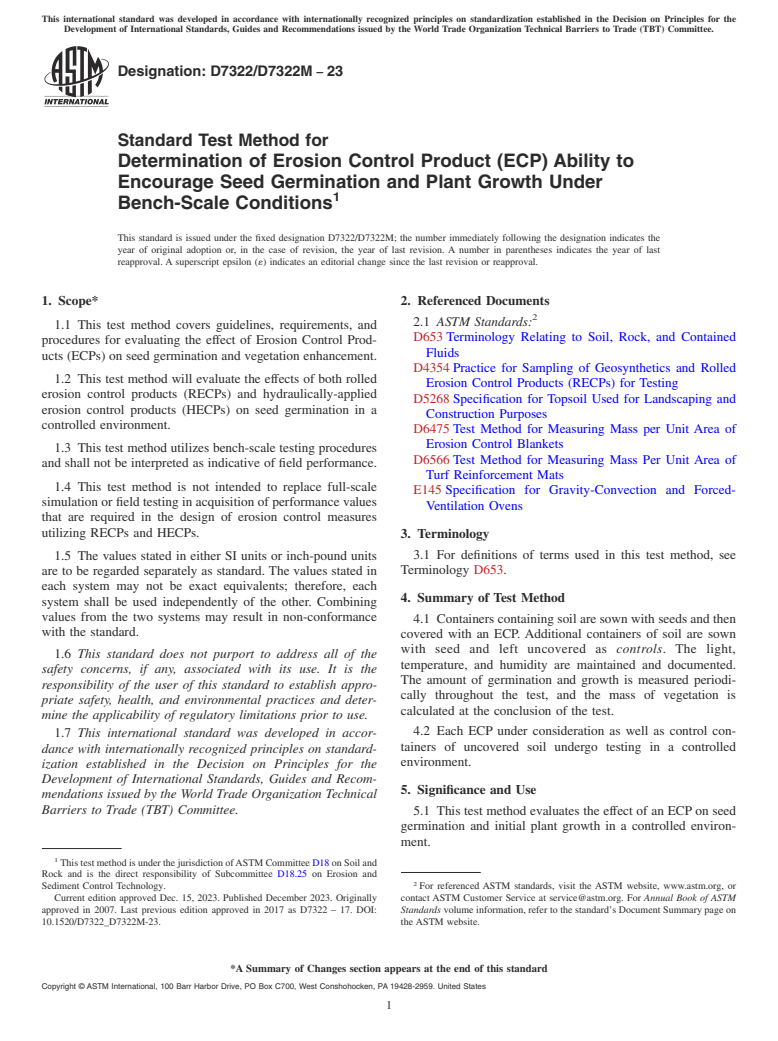 ASTM D7322/D7322M-23 - Standard Test Method for Determination of Erosion Control Product (ECP) Ability to Encourage  Seed Germination and Plant Growth Under Bench-Scale Conditions