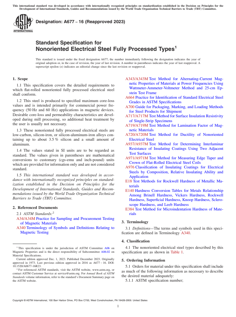 ASTM A677-16(2023) - Standard Specification for Nonoriented Electrical Steel Fully Processed Types