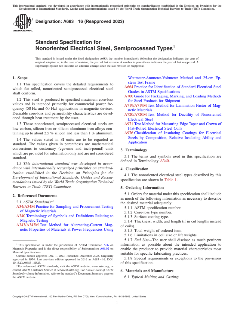 ASTM A683-16(2023) - Standard Specification for Nonoriented Electrical Steel, Semiprocessed Types