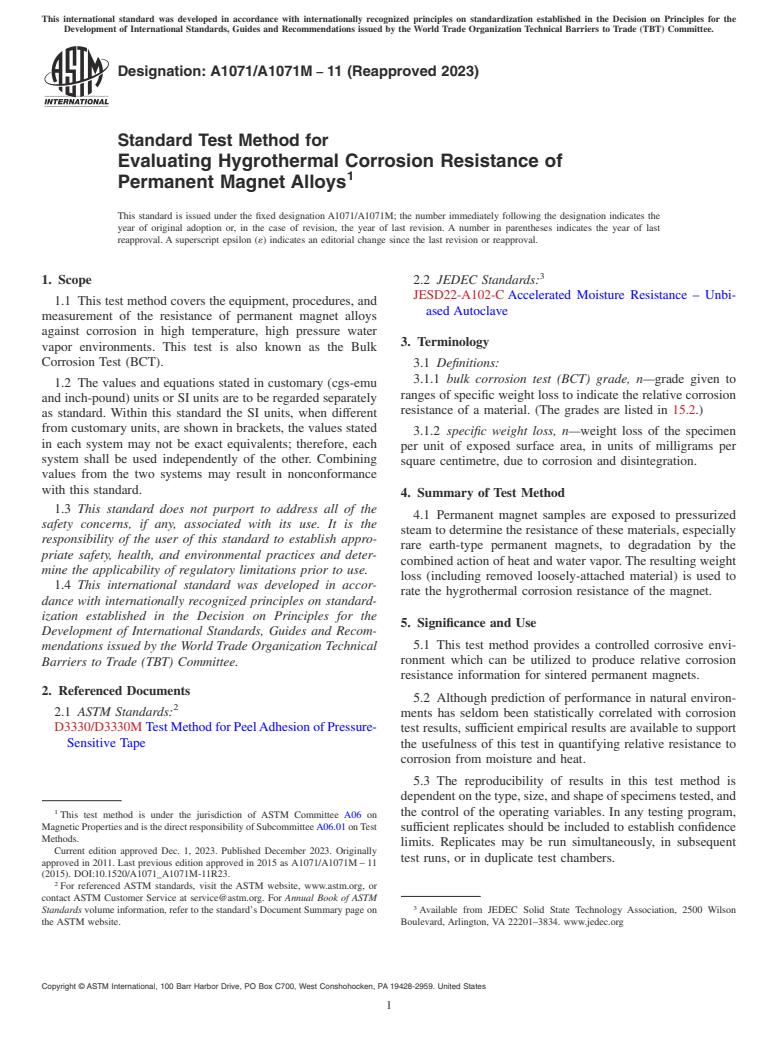 ASTM A1071/A1071M-11(2023) - Standard Test Method for  Evaluating Hygrothermal Corrosion Resistance of Permanent Magnet   Alloys