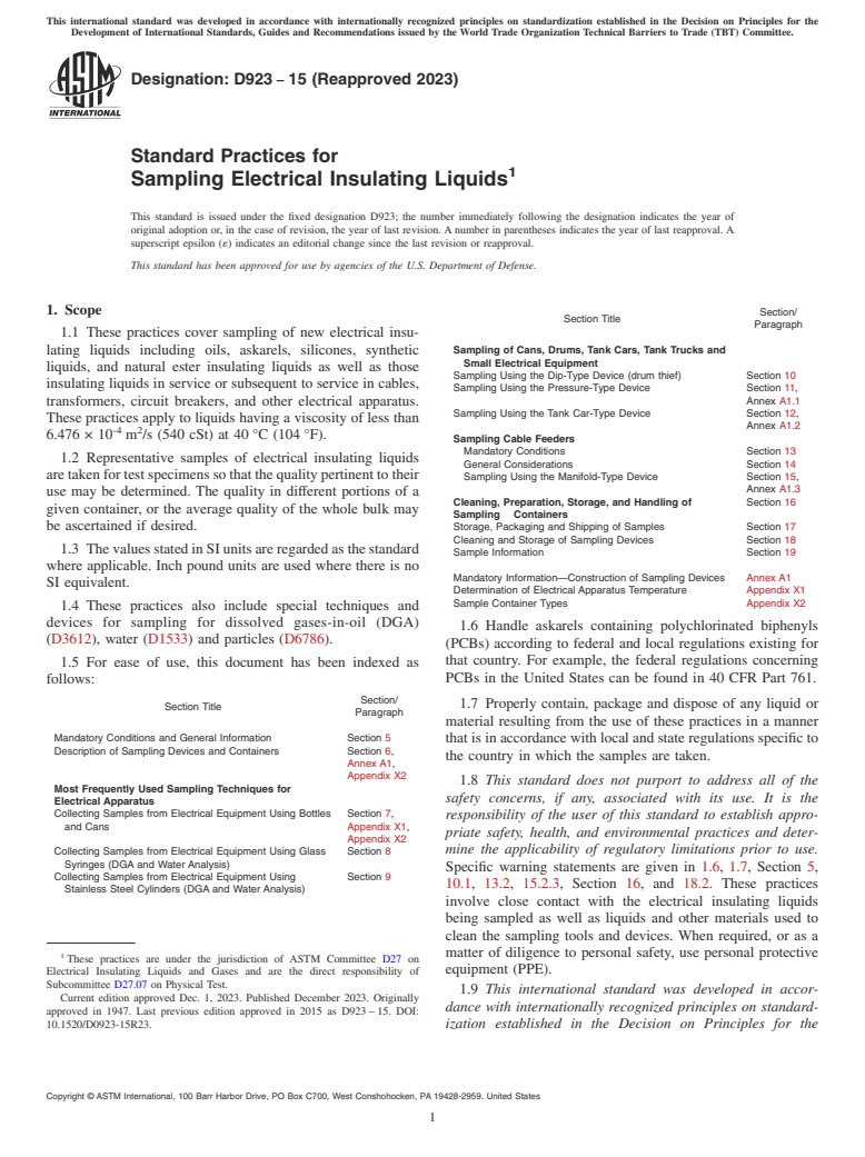 ASTM D923-15(2023) - Standard Practices for  Sampling Electrical Insulating Liquids