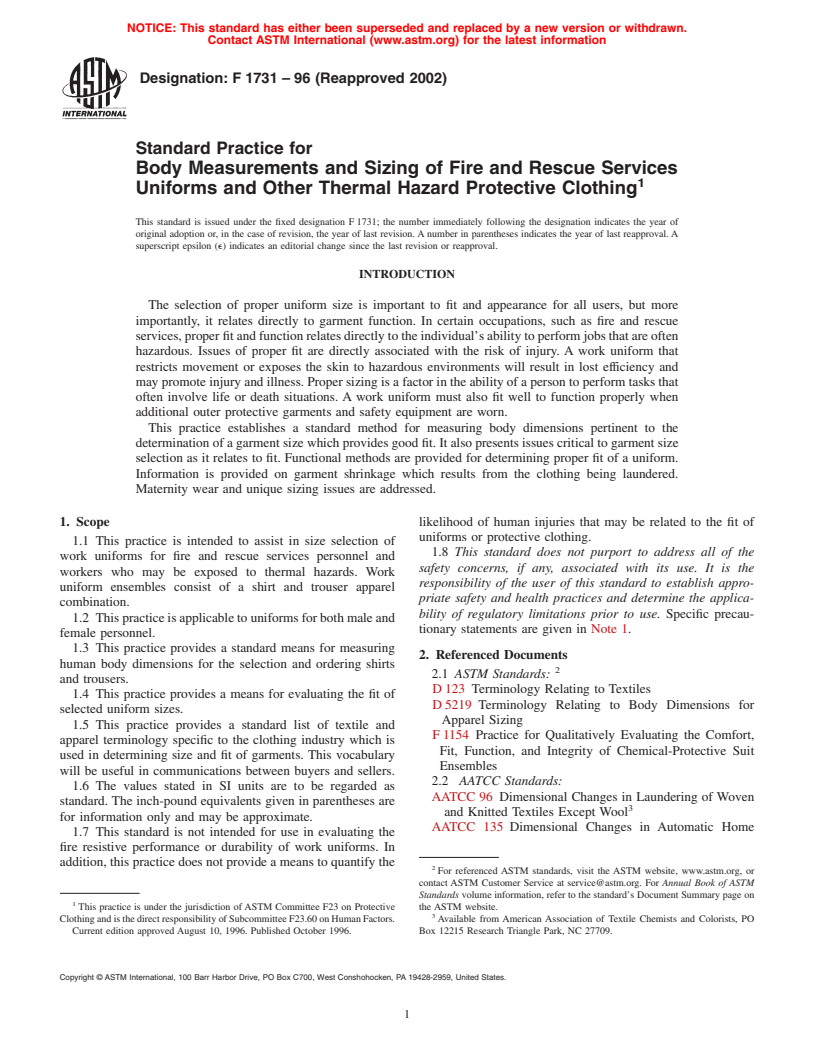 ASTM F1731-96(2002) - Standard Practice for Body Measurements and Sizing of Fire and Rescue Services Uniforms and Other Thermal Hazard Protective Clothing