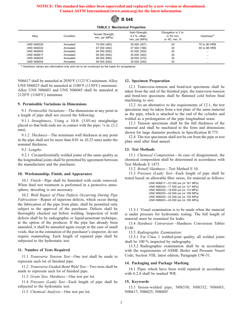 ASTM B546-98 - Standard Specification for Electric Fusion-Welded Ni-Cr-Co-Mo Alloy (UNS N06617), Ni-Fe-Cr-Si Alloys (UNS N08330 and UNS N08332),Ni-Cr-Fe-Al Alloy (UNS N06603), Ni-Cr-Fe Alloy (UNS N06025), and Ni-Cr-Fe-Si Alloy (UNS N06045) Pipe