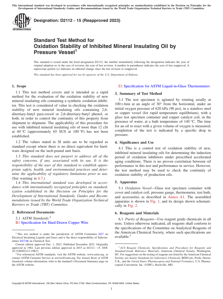 ASTM D2112-15(2023) - Standard Test Method for  Oxidation Stability of Inhibited Mineral Insulating Oil by   Pressure Vessel