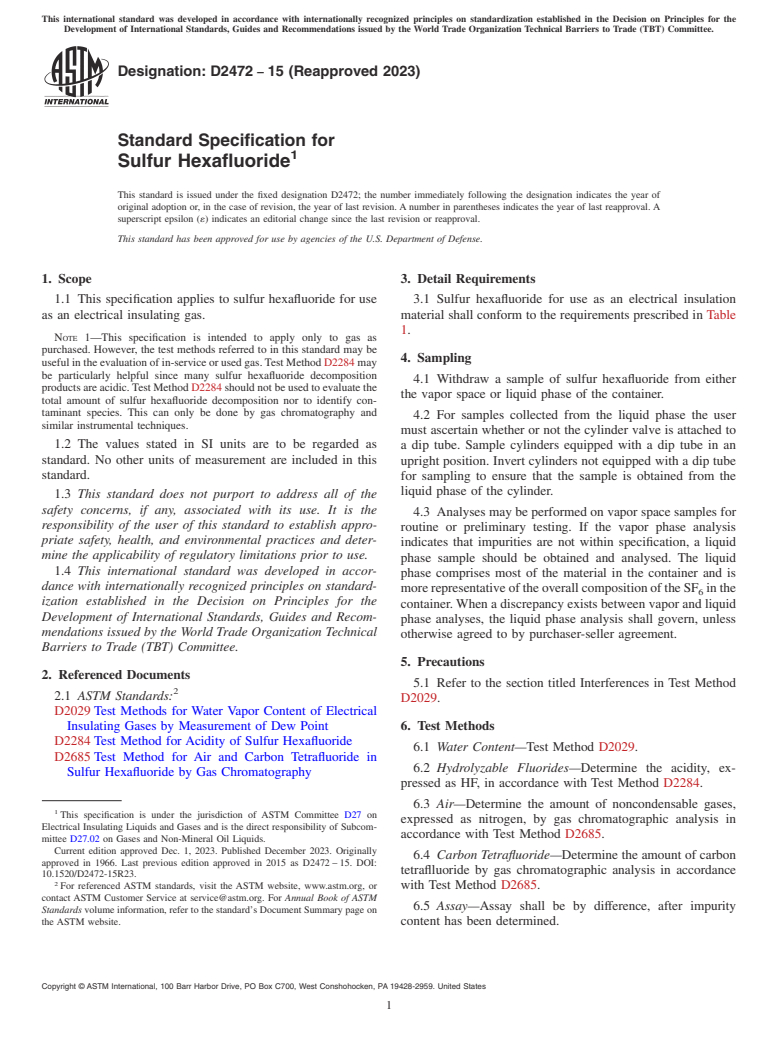 ASTM D2472-15(2023) - Standard Specification for  Sulfur Hexafluoride