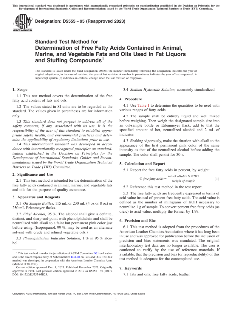 ASTM D5555-95(2023) - Standard Test Method for  Determination of Free Fatty Acids Contained in Animal, Marine,  and Vegetable Fats and Oils Used in Fat Liquors and Stuffing Compounds