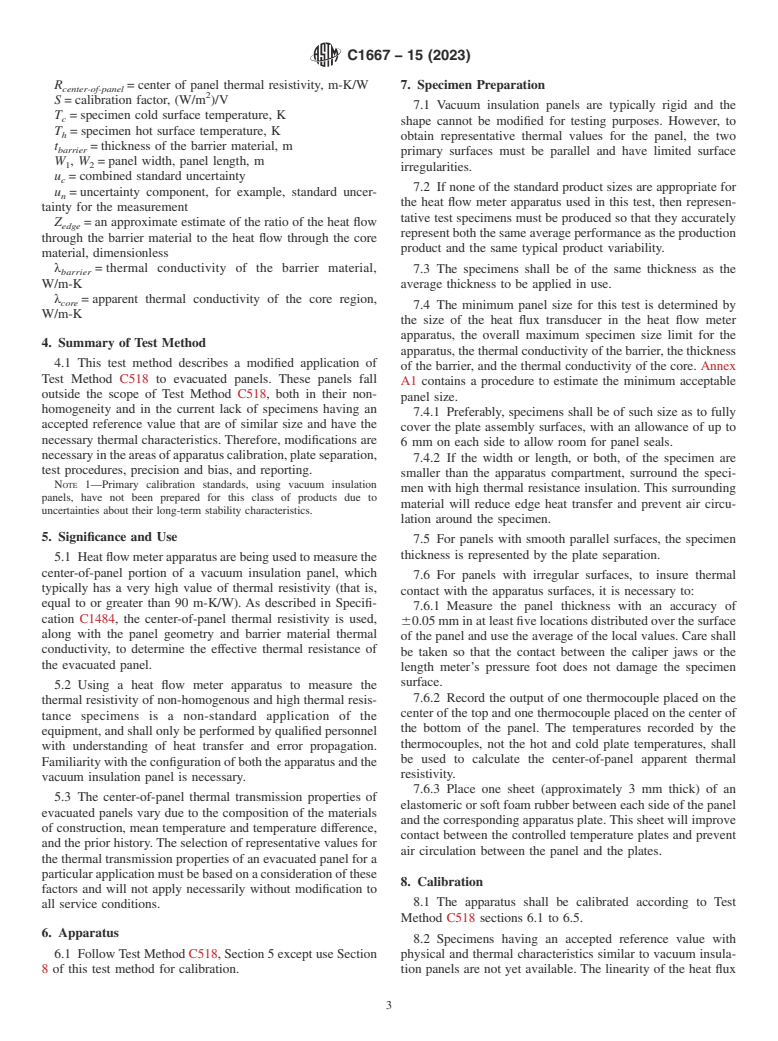 ASTM C1667-15(2023) - Standard Test Method for  Using Heat Flow Meter Apparatus to Measure the Center-of-Panel  Thermal Transmission Properties of Vacuum Insulation Panels