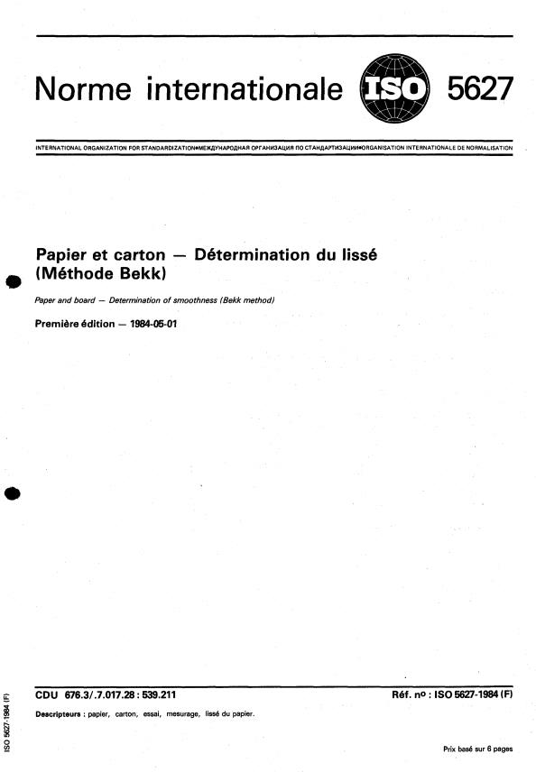 ISO 5627:1984 - Papier et carton -- Détermination du lissé (Méthode Bekk)