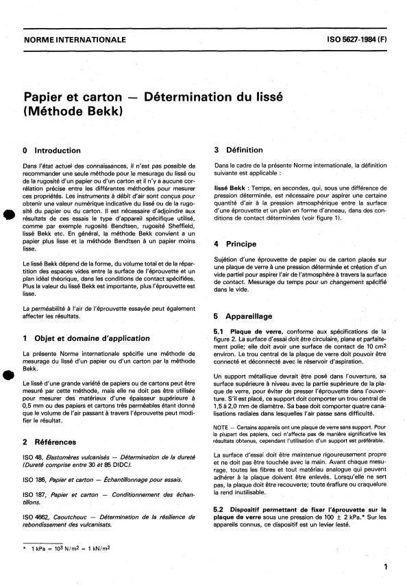 ISO 5627:1984 - Papier et carton -- Détermination du lissé (Méthode Bekk)