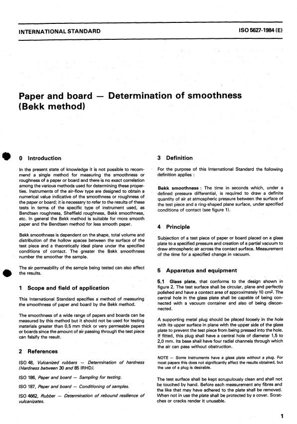 ISO 5627:1984 - Paper and board -- Determination of smoothness (Bekk method)