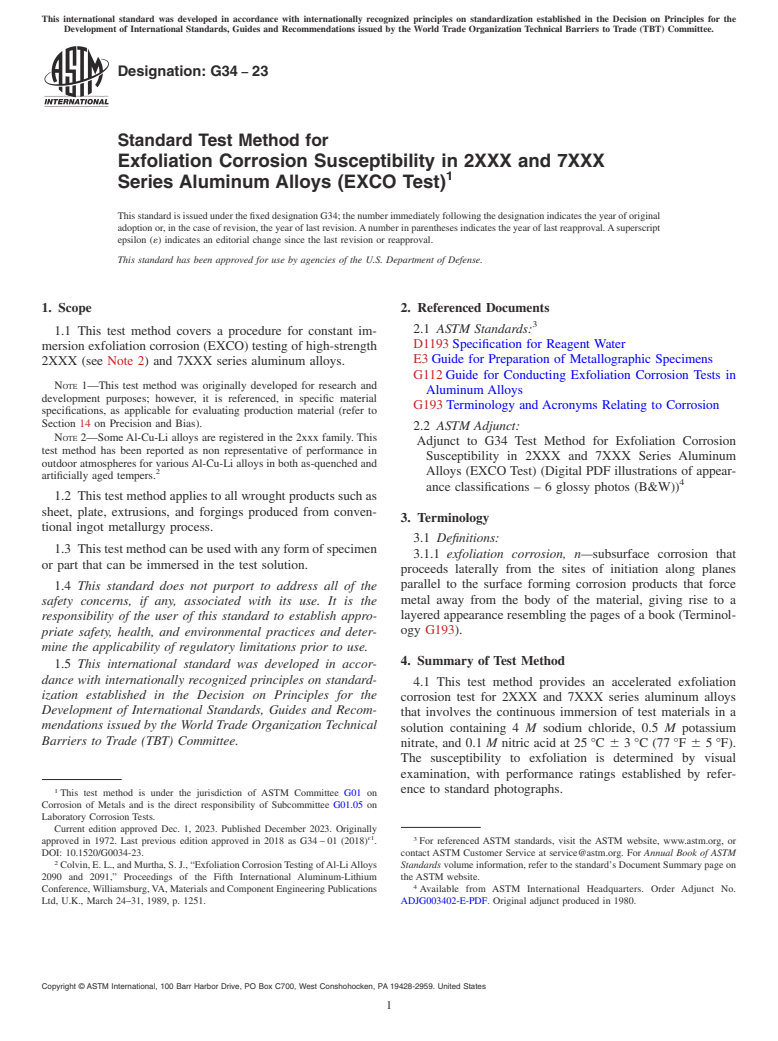 ASTM G34-23 - Standard Test Method for Exfoliation Corrosion Susceptibility in 2XXX and 7XXX Series  Aluminum Alloys (EXCO Test)
