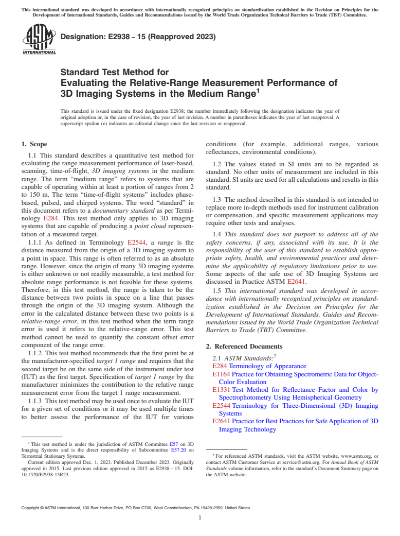 ASTM E2938-15(2023) - Standard Test Method for Evaluating the Relative-Range Measurement Performance of 3D  Imaging Systems in the Medium Range