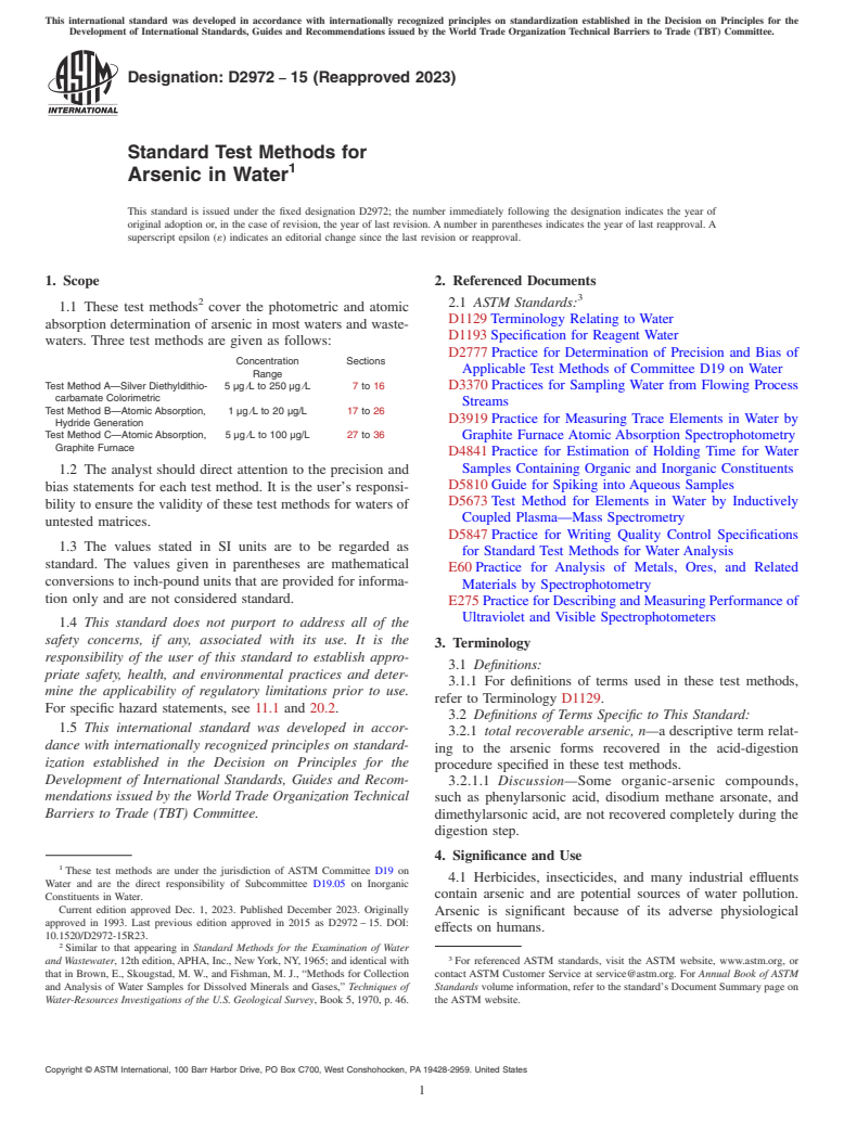 ASTM D2972-15(2023) - Standard Test Methods for  Arsenic in Water