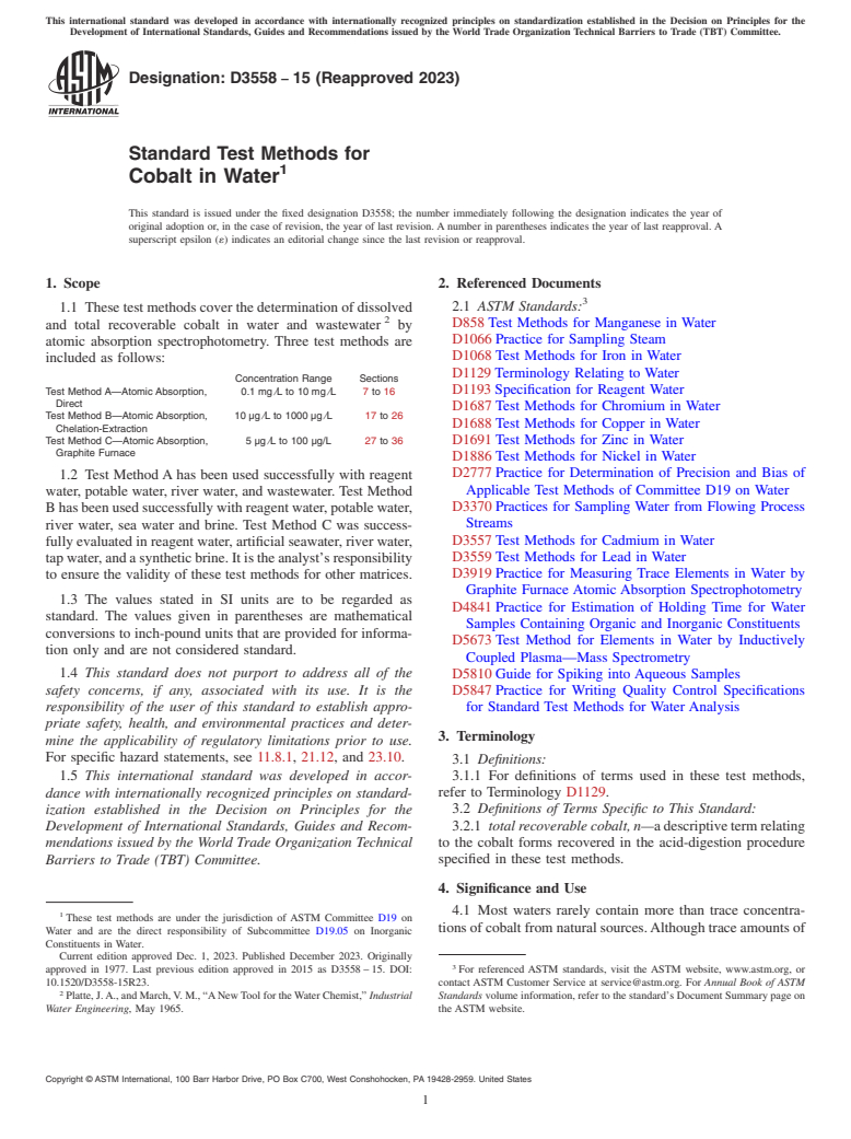 ASTM D3558-15(2023) - Standard Test Methods for  Cobalt in Water