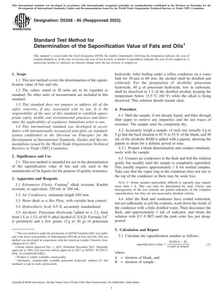 ASTM D5558-95(2023) - Standard Test Method for  Determination of the Saponification Value of Fats and Oils