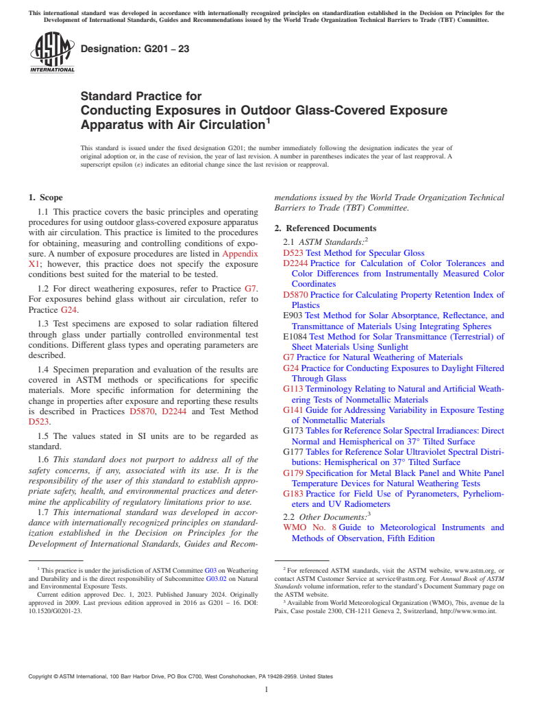 ASTM G201-23 - Standard Practice for  Conducting Exposures in Outdoor Glass-Covered Exposure Apparatus  with Air Circulation