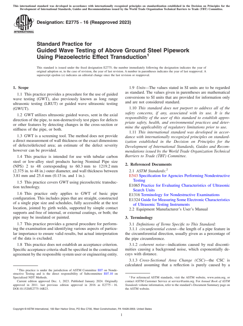 ASTM E2775-16(2023) - Standard Practice for  Guided Wave Testing of Above Ground Steel Pipework Using Piezoelectric  Effect Transduction