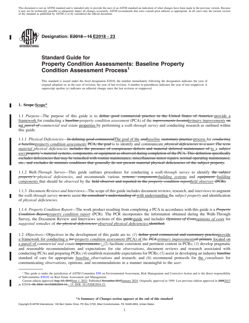 REDLINE ASTM E2018-23 - Standard Guide for Property Condition Assessments: Baseline Property Condition  Assessment Process