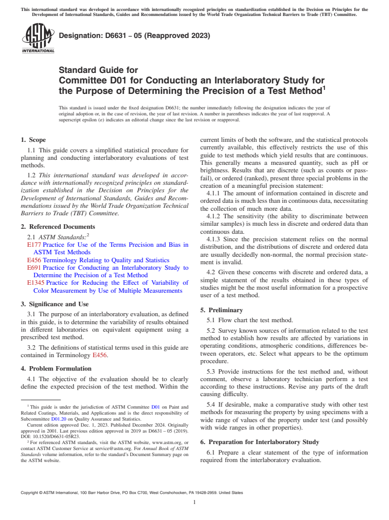 ASTM D6631-05(2023) - Standard Guide for Committee D01 for Conducting an Interlaboratory Study for the   Purpose of Determining the Precision of a Test Method