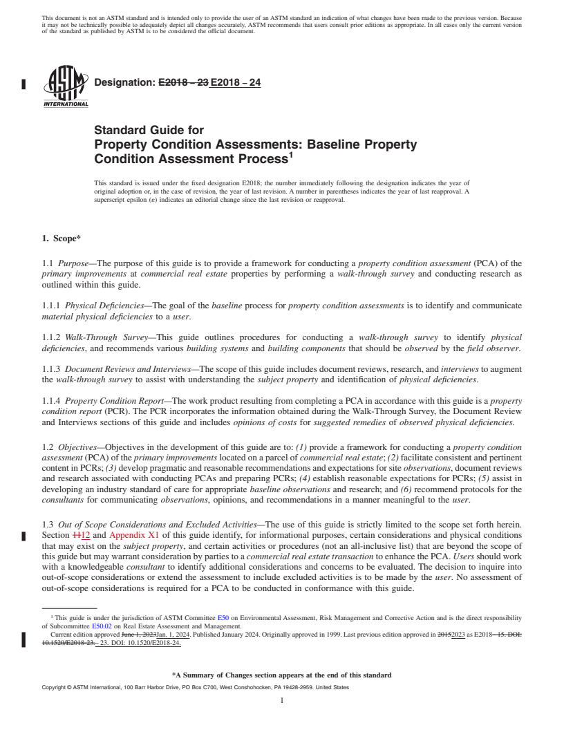 REDLINE ASTM E2018-24 - Standard Guide for Property Condition Assessments: Baseline Property Condition  Assessment Process