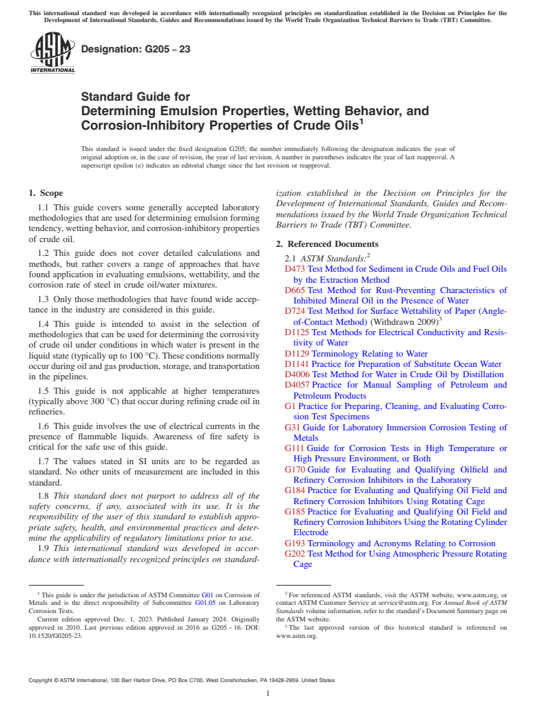 ASTM G205-23 - Standard Guide for  Determining Emulsion Properties, Wetting Behavior, and Corrosion-Inhibitory  Properties of Crude Oils