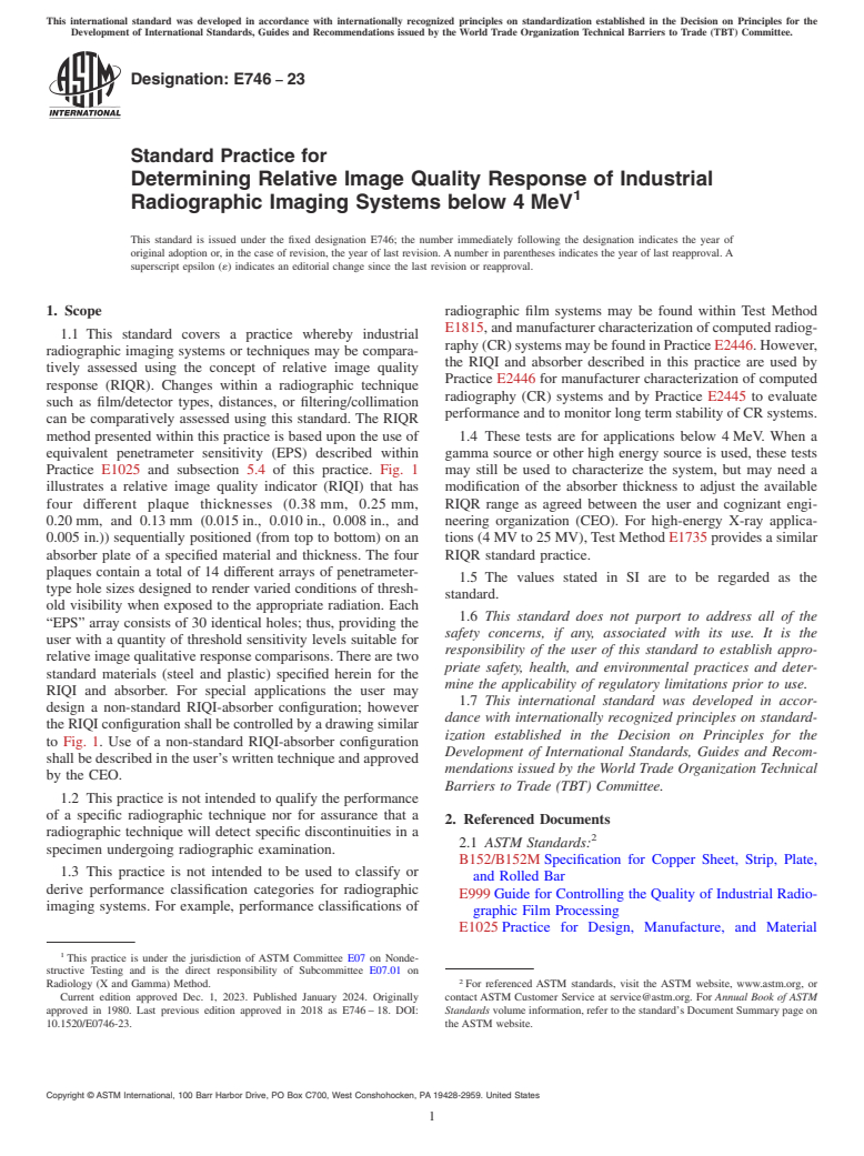 ASTM E746-23 - Standard Practice for  Determining Relative Image Quality Response of Industrial Radiographic  Imaging Systems below 4 MeV