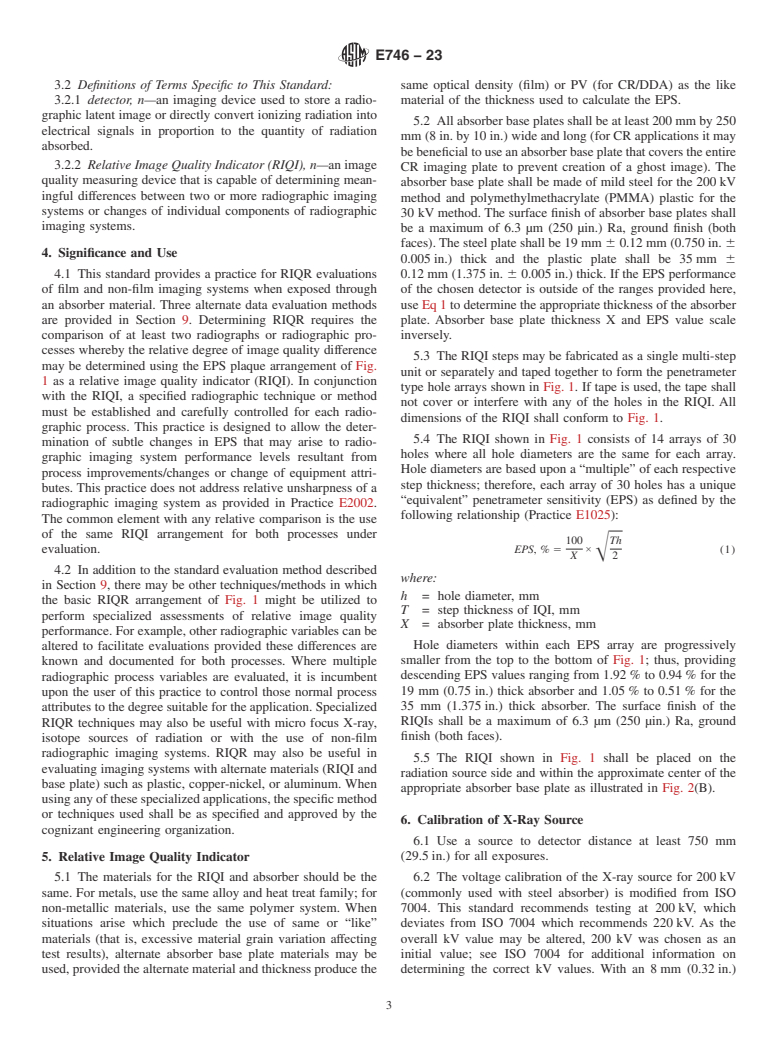 ASTM E746-23 - Standard Practice for  Determining Relative Image Quality Response of Industrial Radiographic  Imaging Systems below 4 MeV