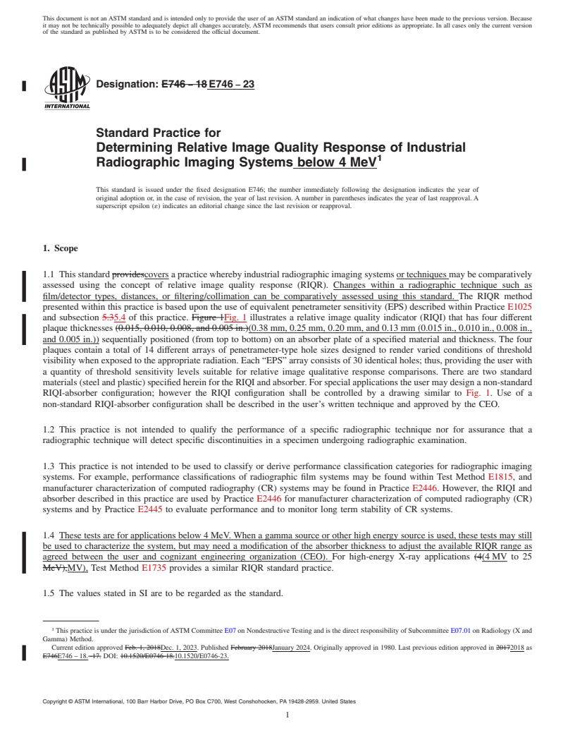 REDLINE ASTM E746-23 - Standard Practice for  Determining Relative Image Quality Response of Industrial Radiographic  Imaging Systems below 4 MeV