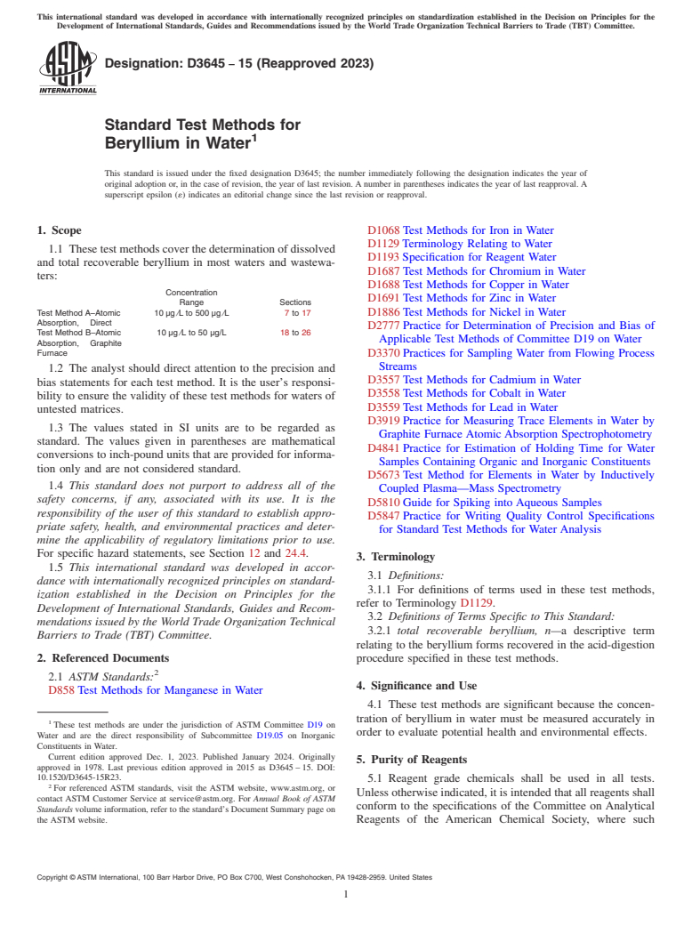ASTM D3645-15(2023) - Standard Test Methods for  Beryllium in Water