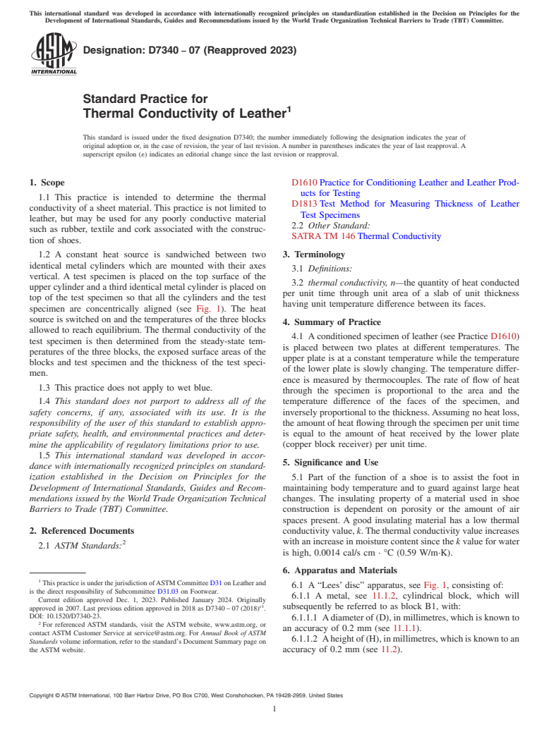 ASTM D7340-07(2023) - Standard Practice for  Thermal Conductivity of Leather