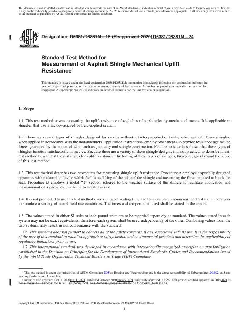 REDLINE ASTM D6381/D6381M-24 - Standard Test Method for Measurement of Asphalt Shingle Mechanical Uplift Resistance