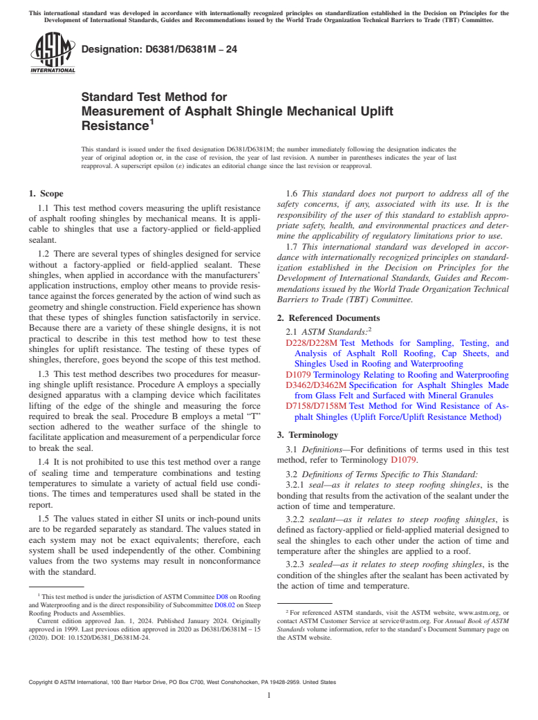 ASTM D6381/D6381M-24 - Standard Test Method for Measurement of Asphalt Shingle Mechanical Uplift Resistance