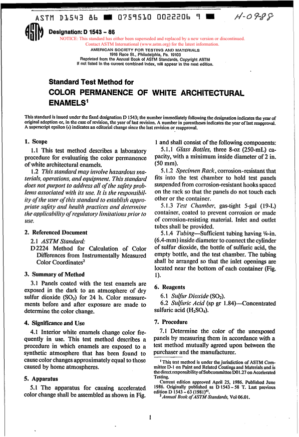 ASTM D1543-86 - Method of Test for Color Permanence of White Architectural Enamels (Withdrawn 1990)